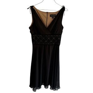 90s Nude Fit & Flare Dress Black Chiffon Overlay Lace Waist Size 10 Flowy y2k